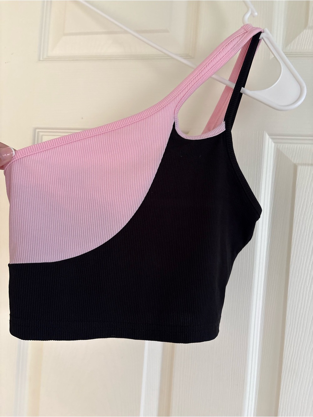 SHEIN Pink & Black One-Shoulder Ribbed Crop Top